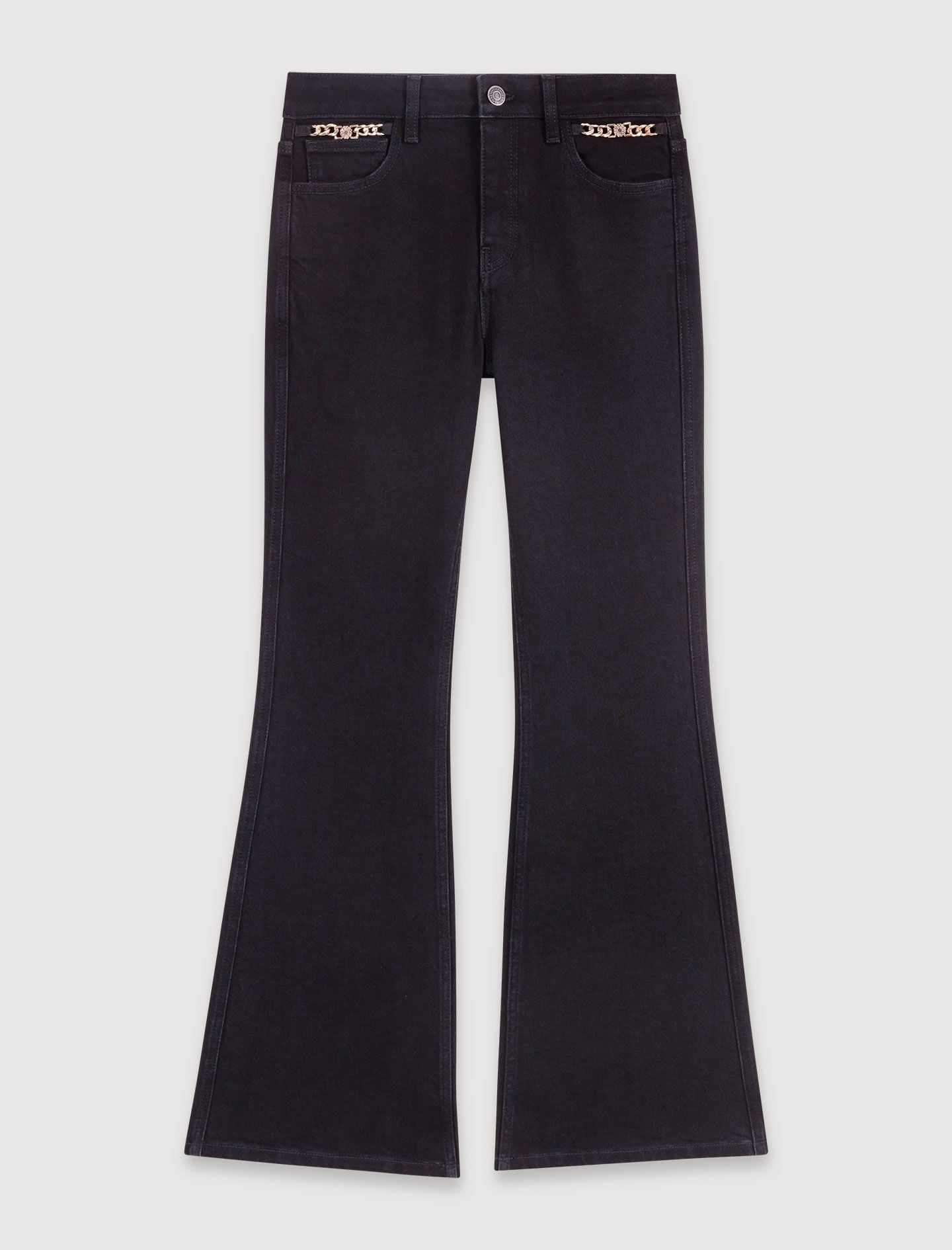 Quần jeans ống loe kèm dây xích